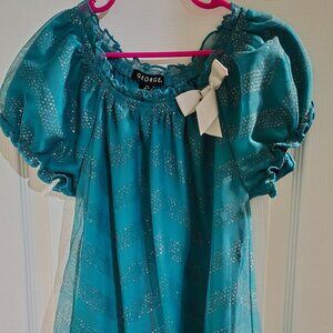 Girls Top George Size 10/12 Blue Ombre Embellished Blouse Bow Short Sleeve Spark